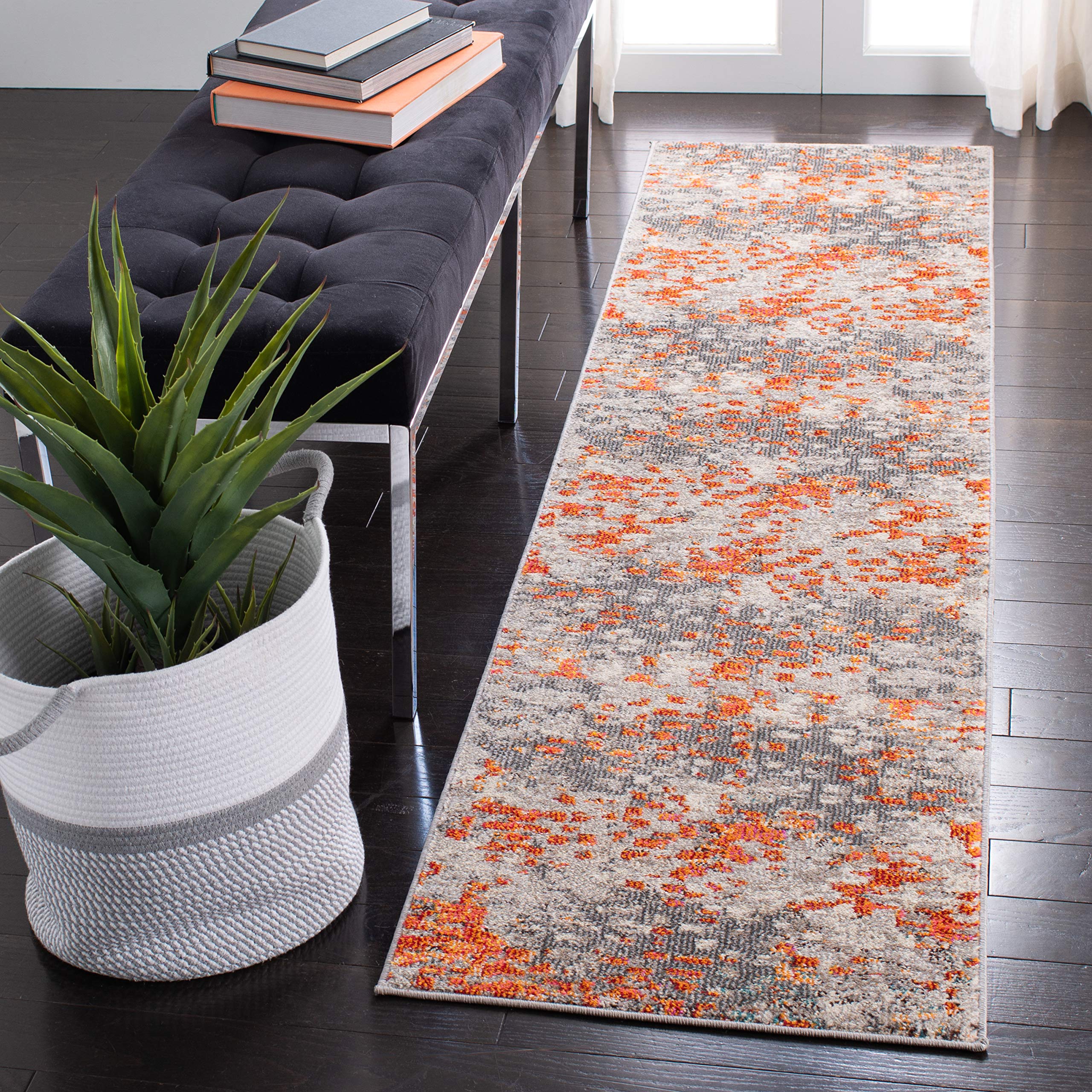 SAFAVIEH Madison Collection Runner Rug - 2'2'' x 18', Grey & Orange, Boho Abstract Distressed Design, Non-Shedding & Easy Care,